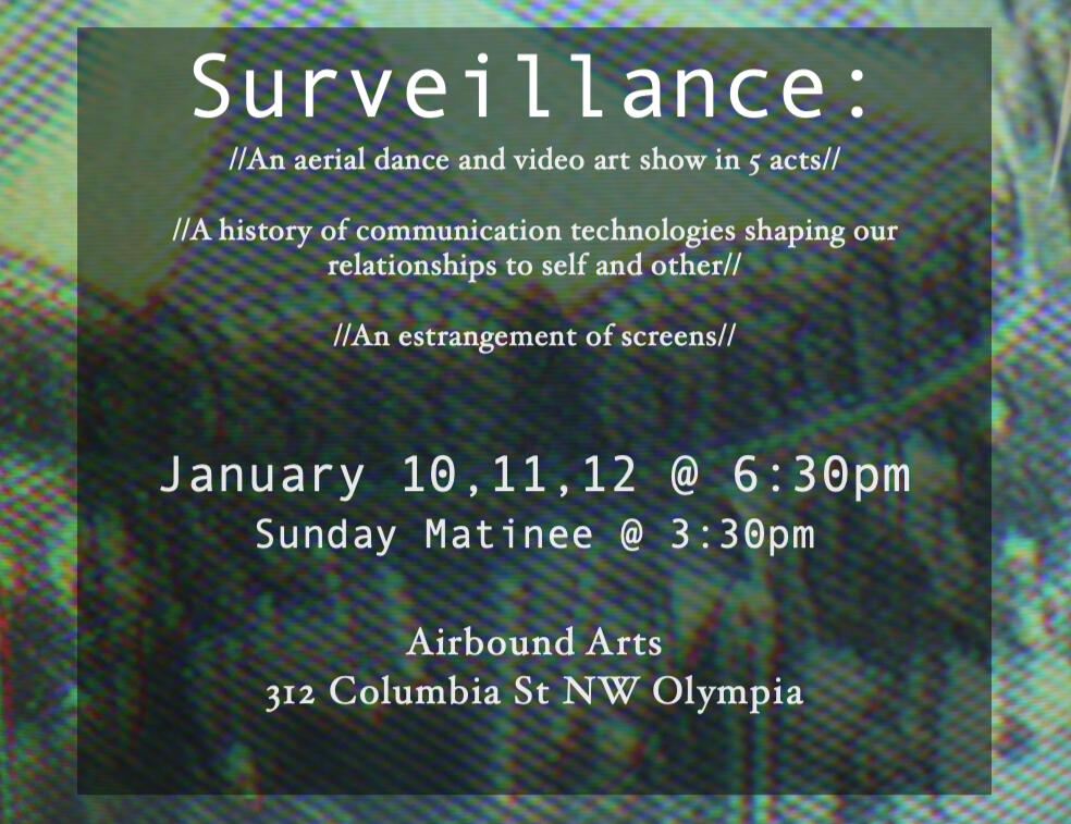 January show poster Surveillance: an aerial dance and video art show in 5 acts// a history of communication technologies shaping our relationships to self and other// an estrangement of screens. JANUARY 10TH, 11TH, 12TH, 2025. Airbound Arts 312 Columbia St. NW